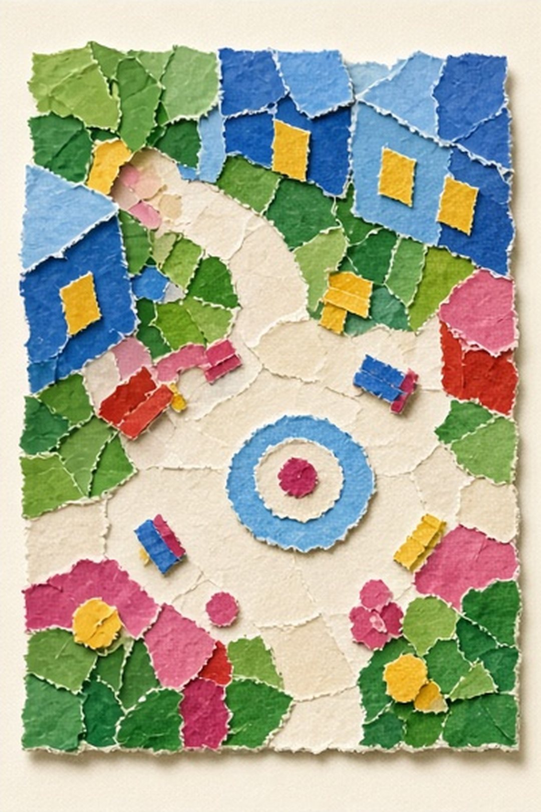 Hand-torn paper mosaic of a welcoming shared corner with several open paths