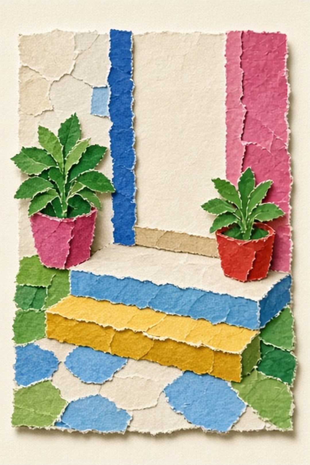 Paper mosaic front step with clear approach and comfortable space