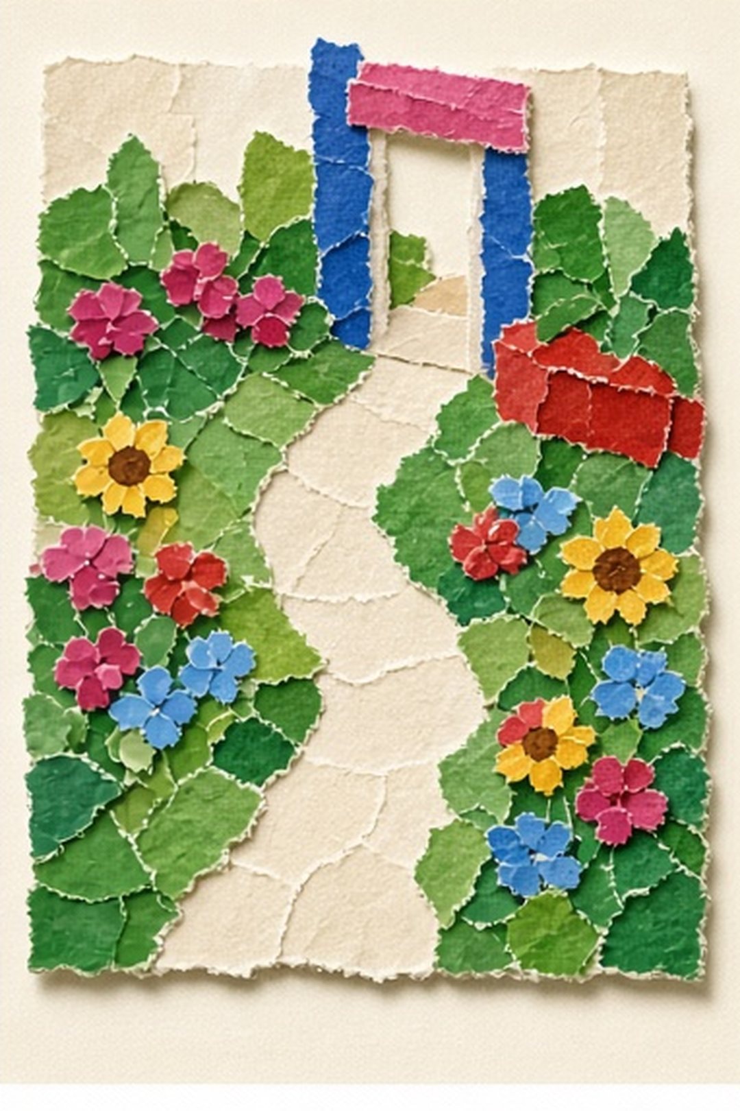 Paper mosaic invitation with room for a person to pass
