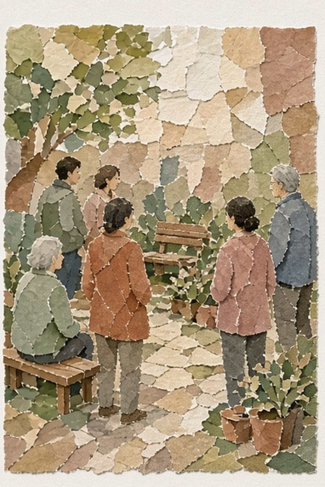 Paper mosaic scene of returning to a shared place and noticing its new rhythm
