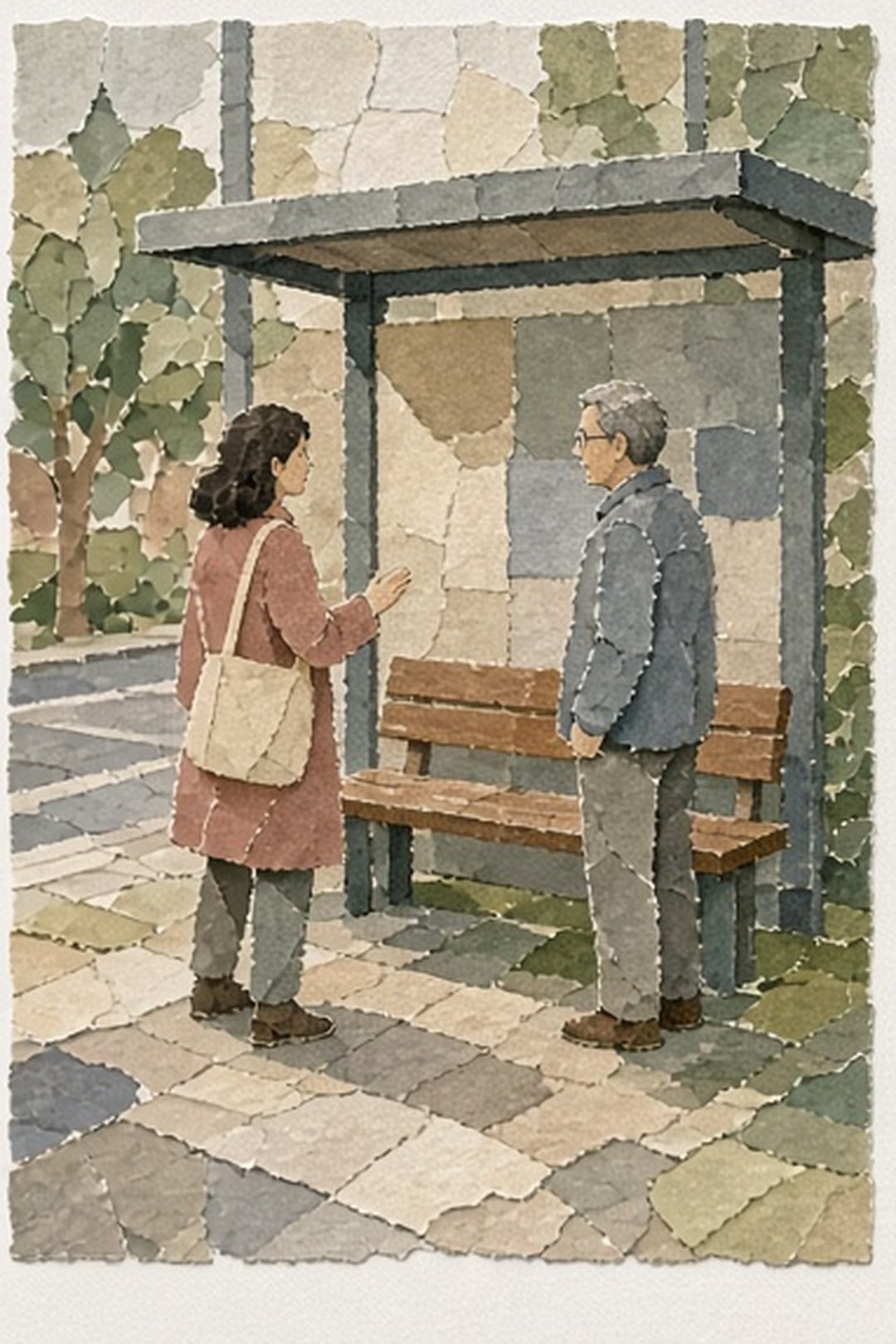 Mosaic bus stop with seating room and an optional greeting