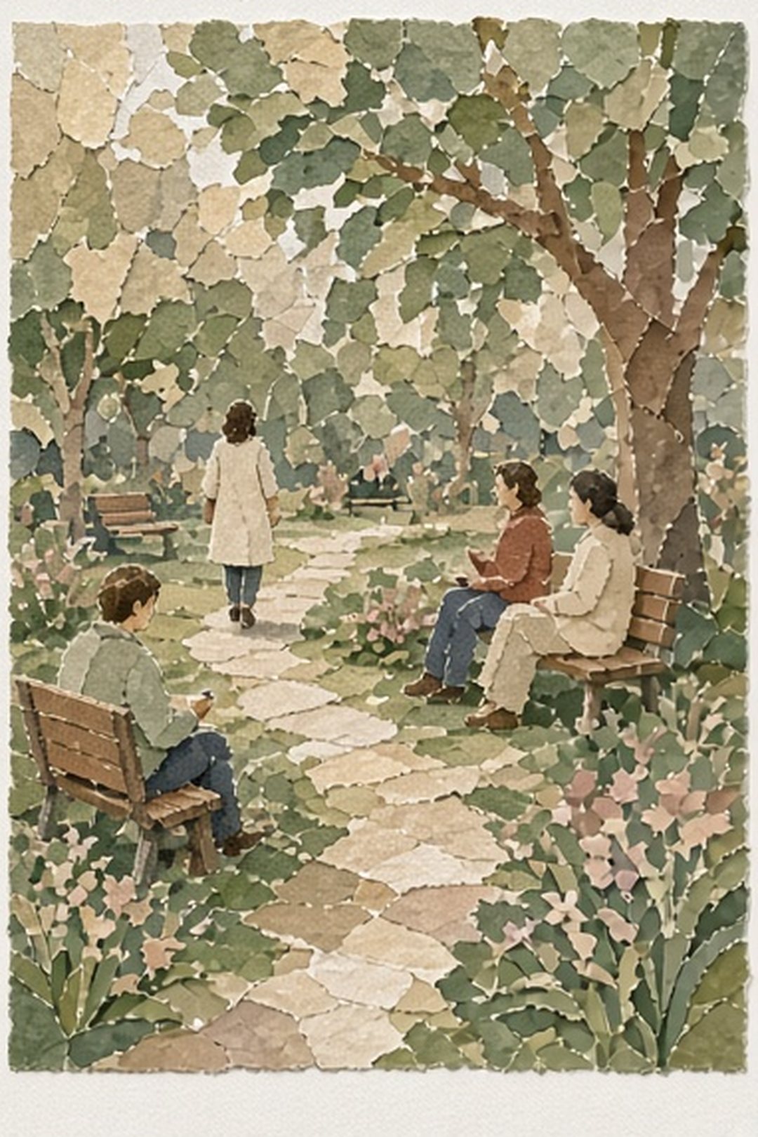 Mosaic pocket park with shade, paths, and quiet coexistence
