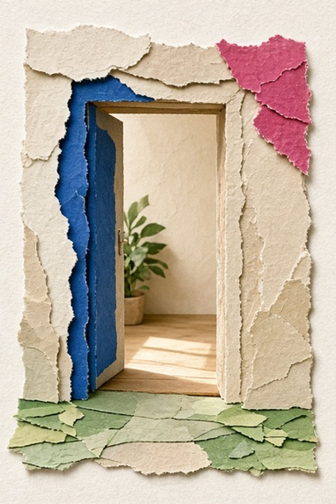 Mosaic library doorway with room to enter, wait, or turn away