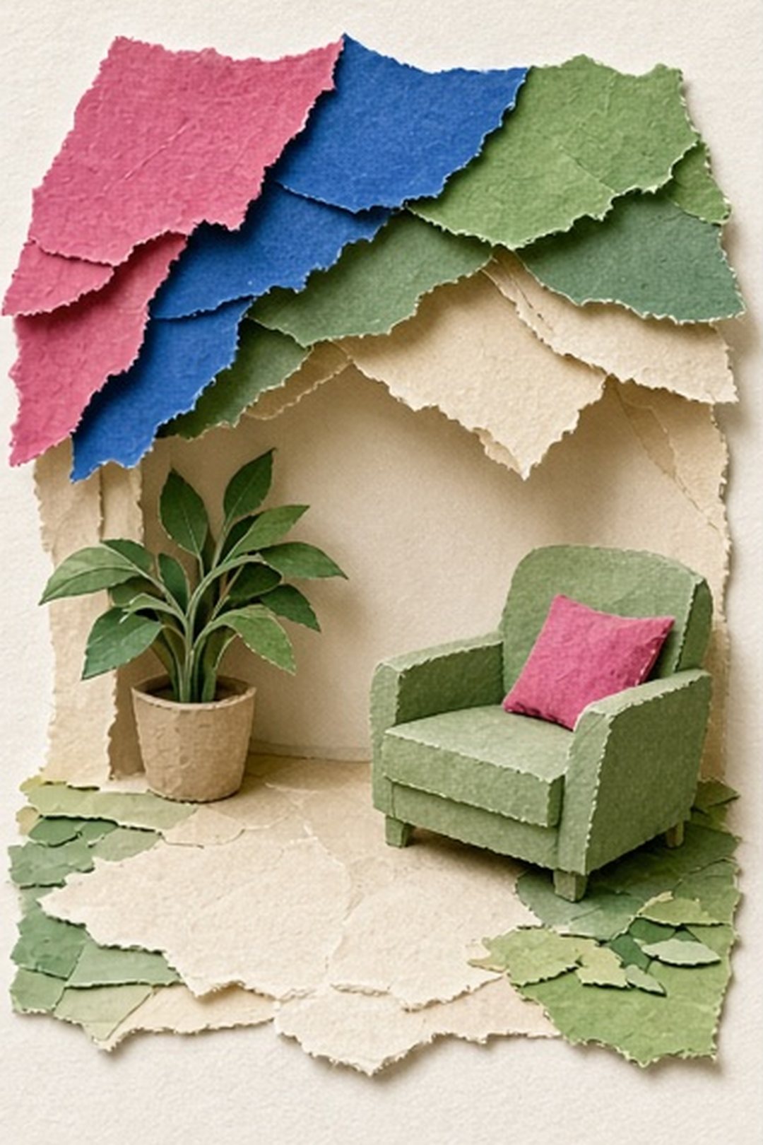 Paper mosaic comfort cue with shade, seating, and breathing room