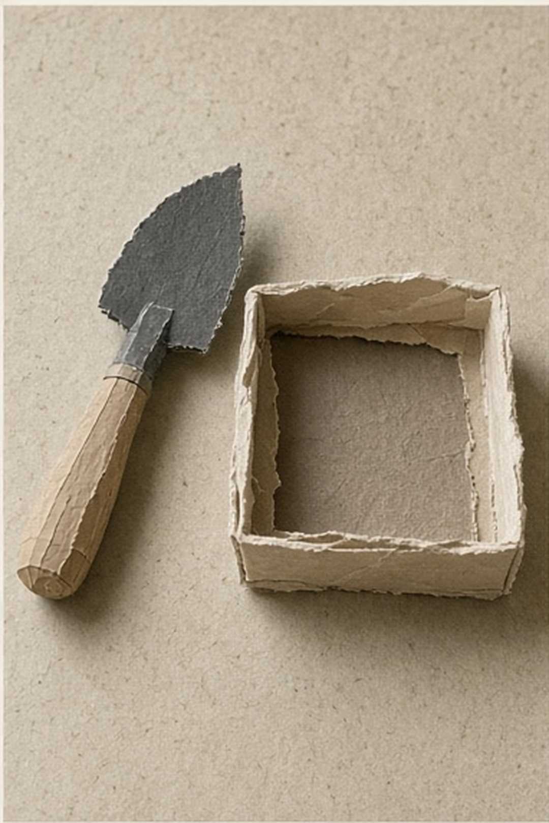 Paper mosaic care cue built around a shared tool and a clear return place