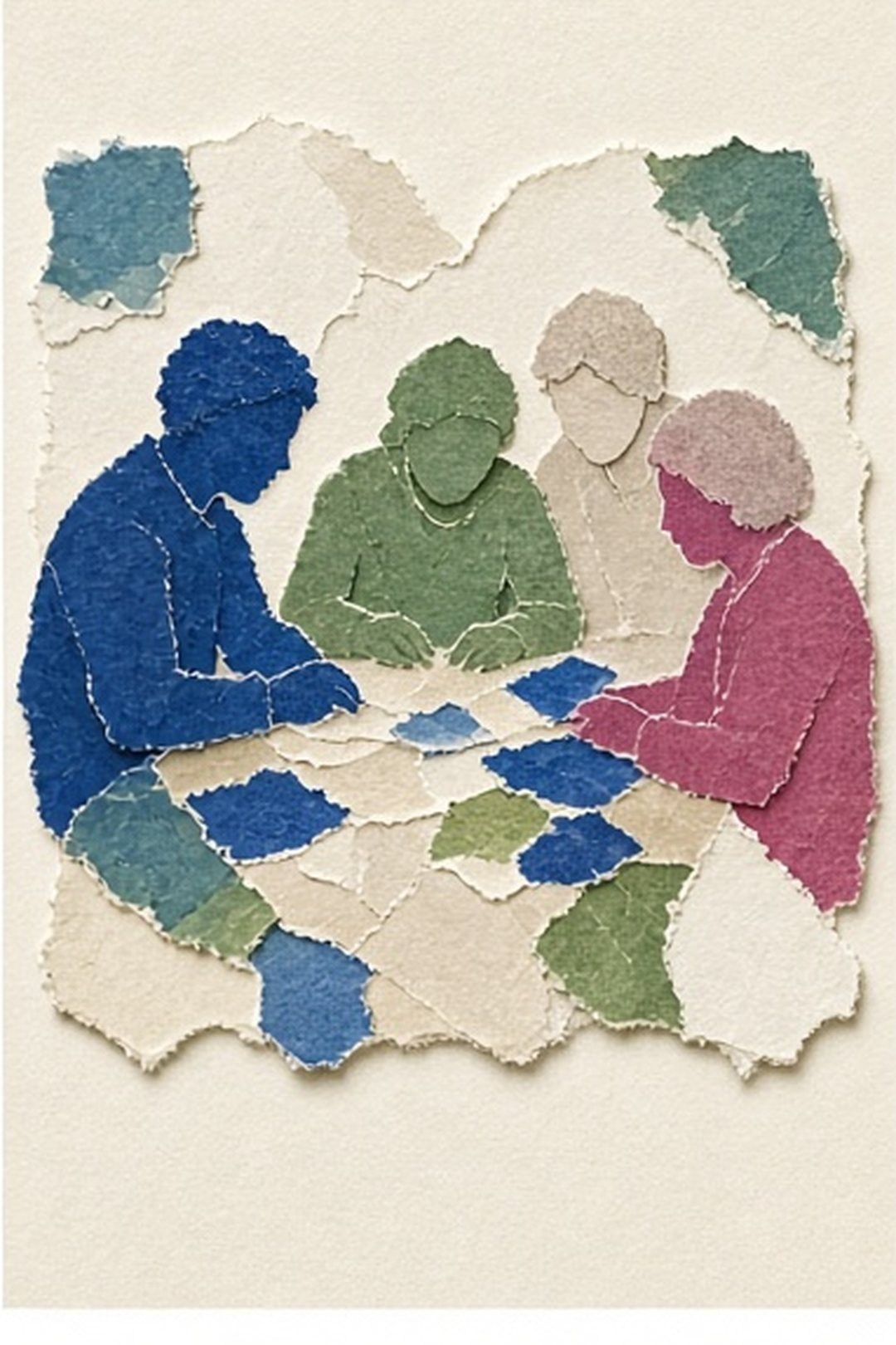Unidentifiable readers of different ages sharing context around a mosaic