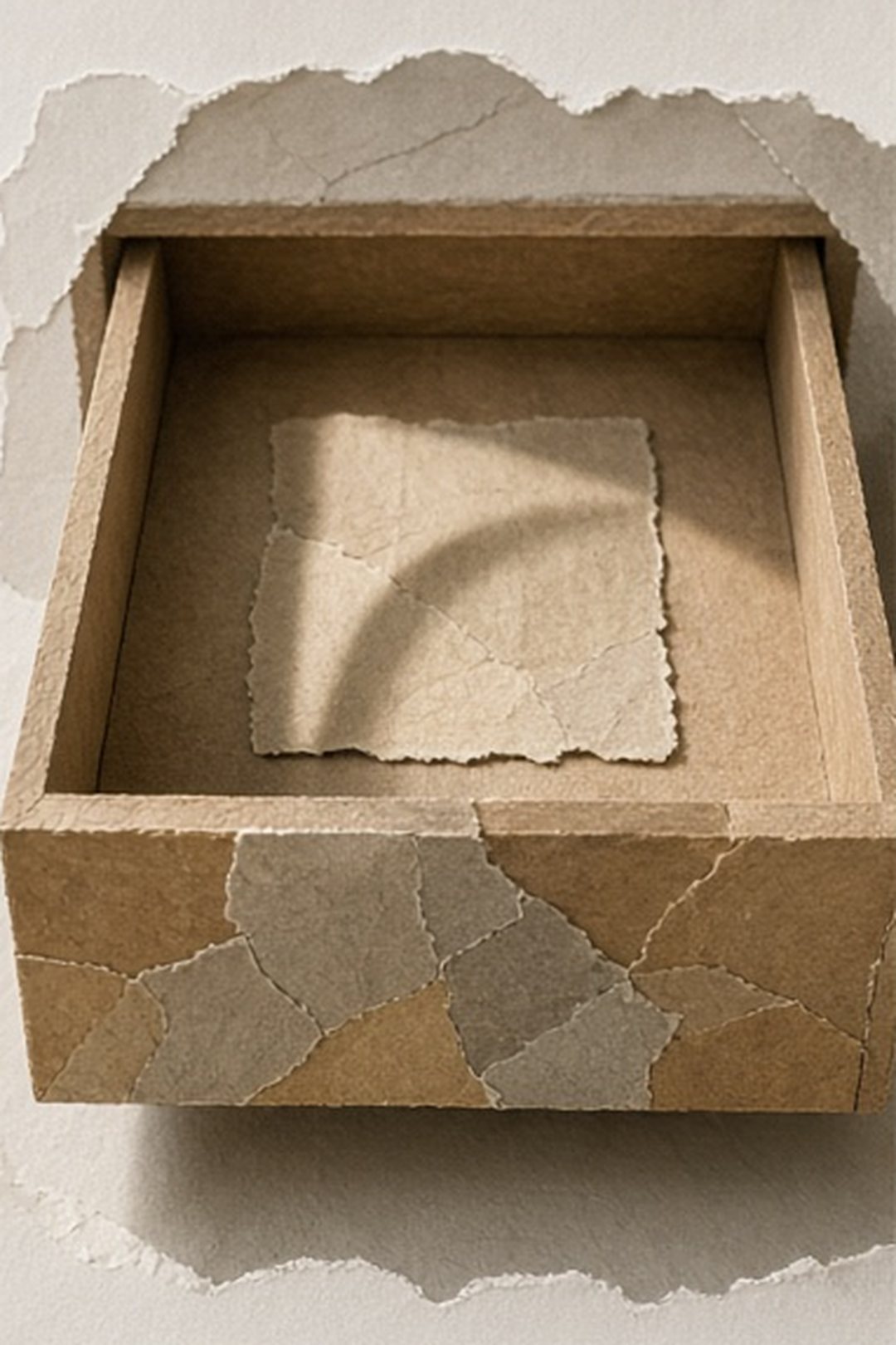 A small saved mosaic tile and a clock-like shadow inside a private drawer