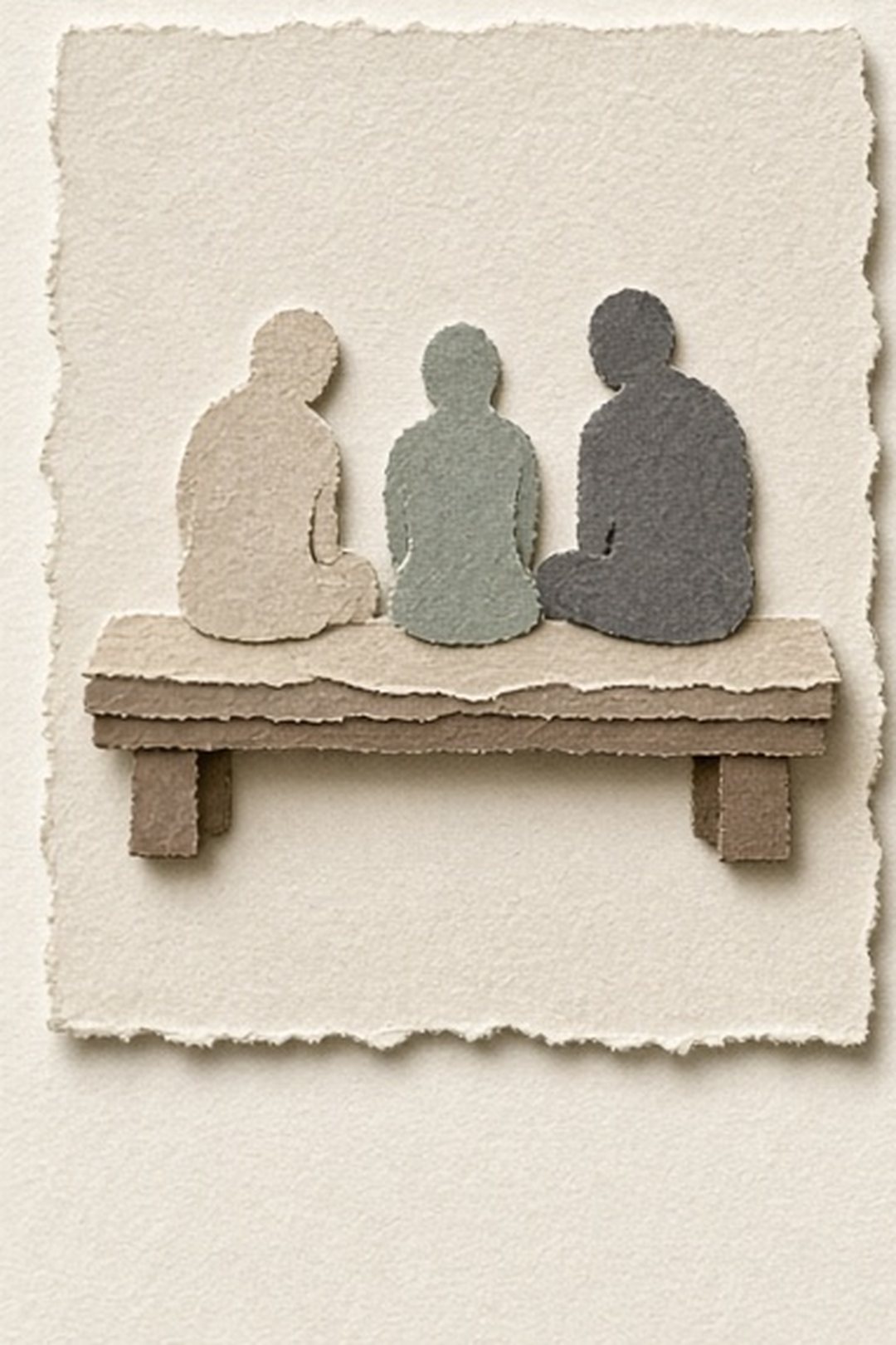 A family bench with generous room and unidentifiable paper figures